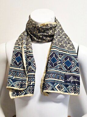 Vintage Stephen Burrows Silk Scarf Teal Blue Geometric Oblong 42x13 Signed